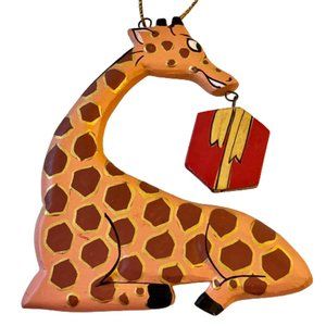 Wood Animal Christmas Ornament Giraffe with Present Jungle Safari 4"